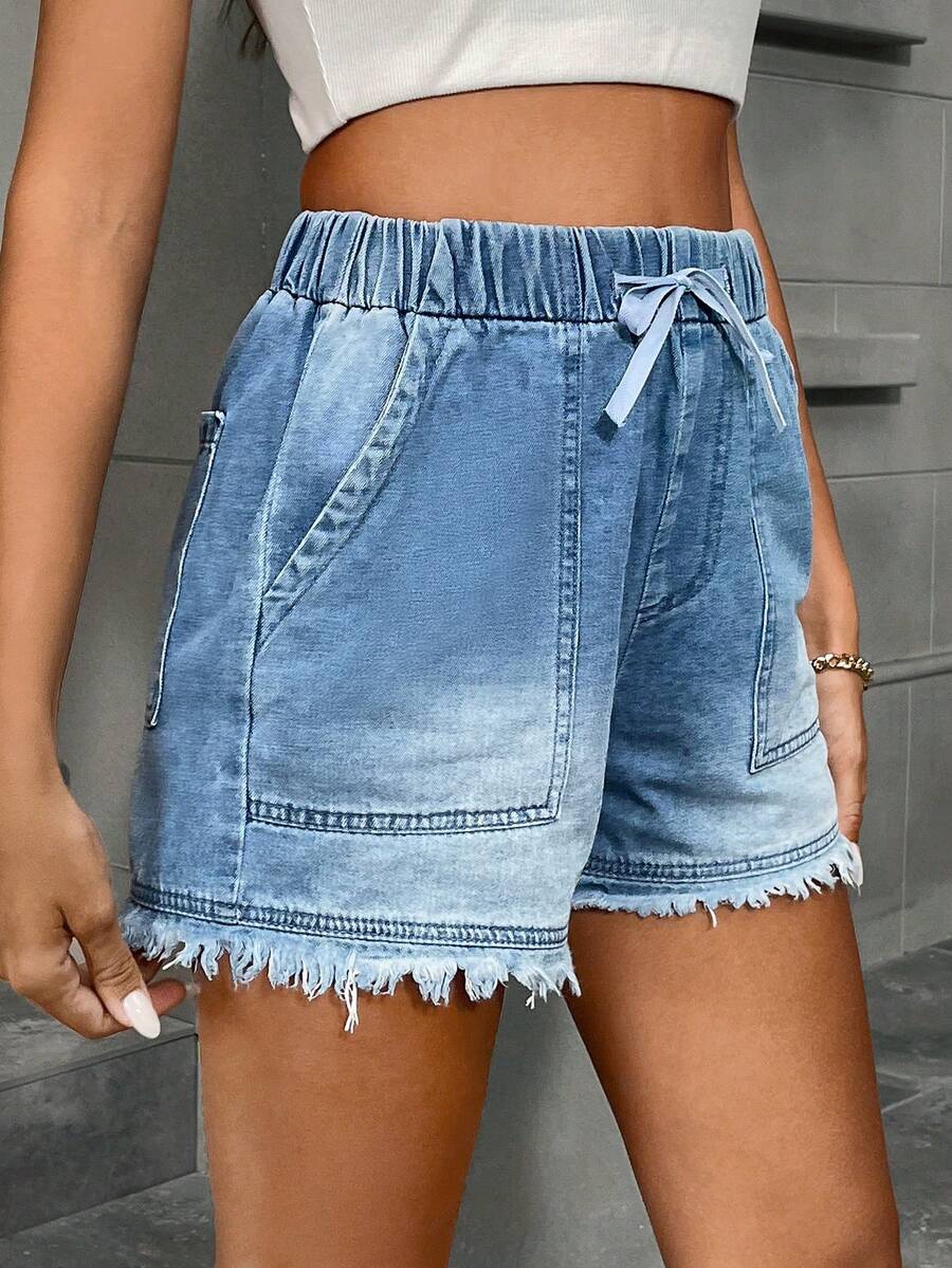Women's Cute Drawstring Elastic Waist Denim Shorts, Frayed Hem, Non-Stretch Blue Denim Bermuda Shorts