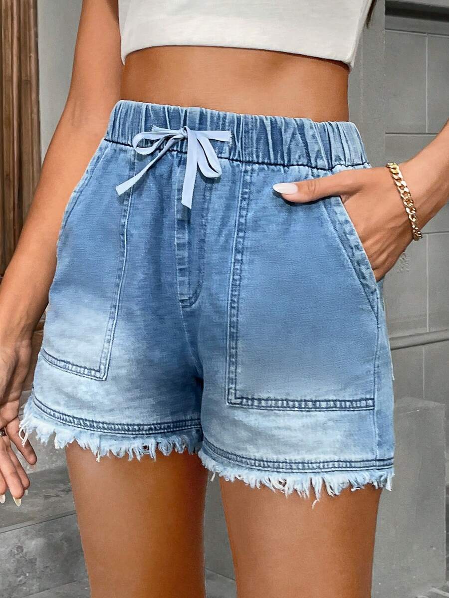 Women's Cute Drawstring Elastic Waist Denim Shorts, Frayed Hem, Non-Stretch Blue Denim Bermuda Shorts