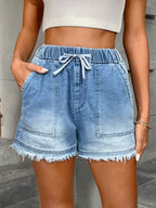 Women's Cute Drawstring Elastic Waist Denim Shorts, Frayed Hem, Non-Stretch Blue Denim Bermuda Shorts