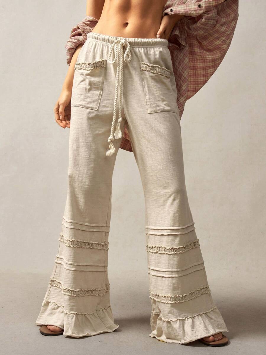 Bohemela Bohemian Style Solid Color High Waist Flare Leg Knit Pants, Spring/Summer Flare Leg Pants Bell Bottom Pants Tiered Ruffle Pants Ruffle Hem Pants,Fall Clothes For Women