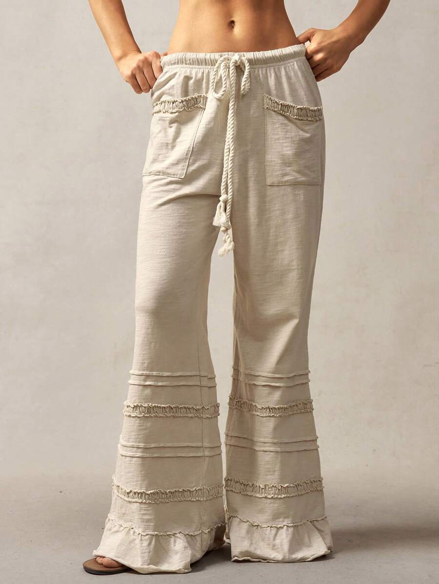 Bohemela Bohemian Style Solid Color High Waist Flare Leg Knit Pants, Spring/Summer Flare Leg Pants Bell Bottom Pants Tiered Ruffle Pants Ruffle Hem Pants,Fall Clothes For Women