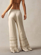 Bohemela Bohemian Style Solid Color High Waist Flare Leg Knit Pants, Spring/Summer Flare Leg Pants Bell Bottom Pants Tiered Ruffle Pants Ruffle Hem Pants,Fall Clothes For Women