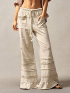 Bohemela Bohemian Style Solid Color High Waist Flare Leg Knit Pants, Spring/Summer Flare Leg Pants Bell Bottom Pants Tiered Ruffle Pants Ruffle Hem Pants,Fall Clothes For Women
