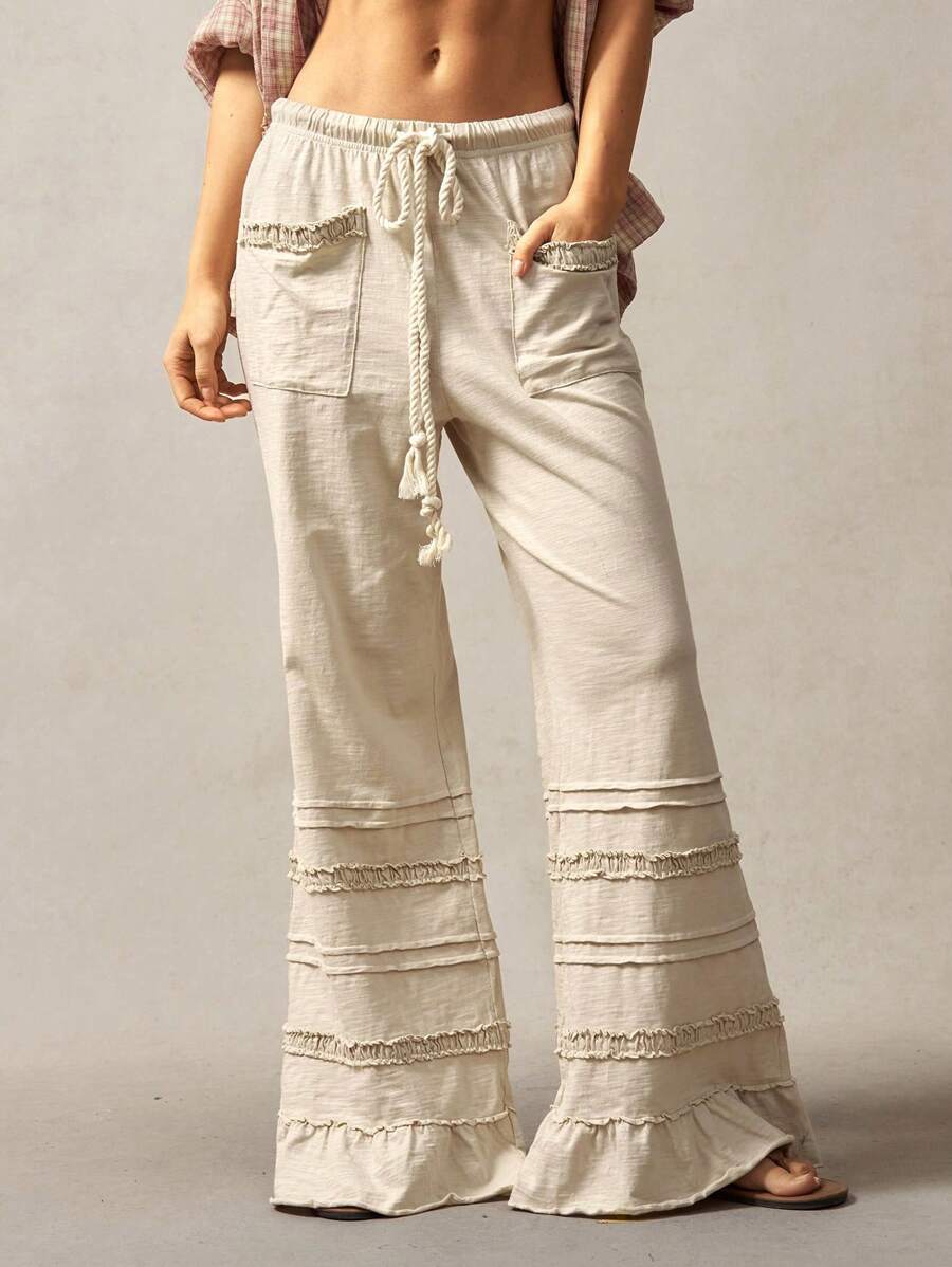 Bohemela Bohemian Style Solid Color High Waist Flare Leg Knit Pants, Spring/Summer Flare Leg Pants Bell Bottom Pants Tiered Ruffle Pants Ruffle Hem Pants,Fall Clothes For Women