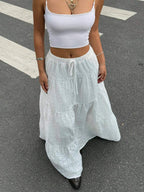 MainGRL Women Solid Color High Waist Tie Ruffled Hem Maxi Skirt
