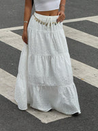 MainGRL Women Solid Color High Waist Tie Ruffled Hem Maxi Skirt