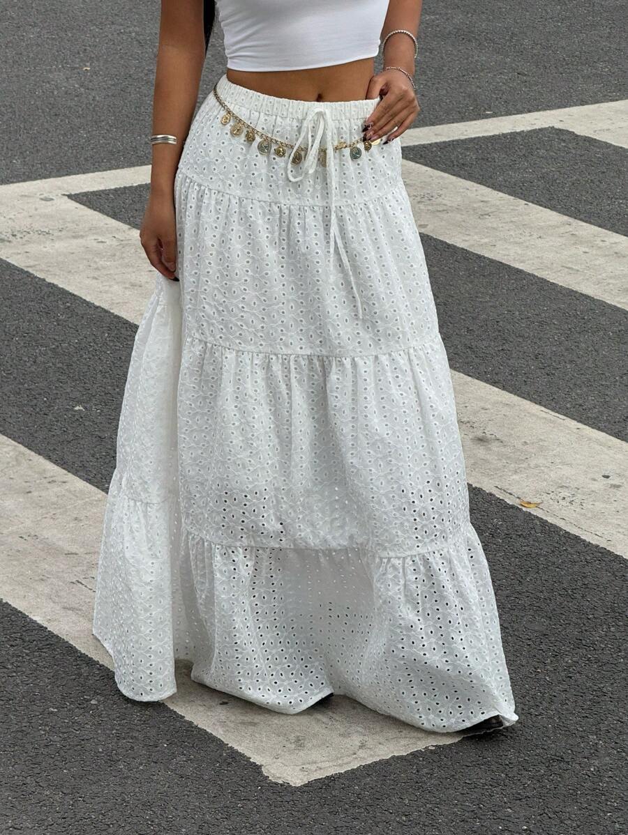 MainGRL Women Solid Color High Waist Tie Ruffled Hem Maxi Skirt