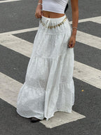 MainGRL Women Solid Color High Waist Tie Ruffled Hem Maxi Skirt