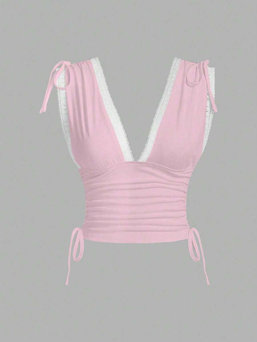 Sweetra Women's Summer Solid Color Ruched Shoulder Strap Casual Tank Top Y2K Outfit 