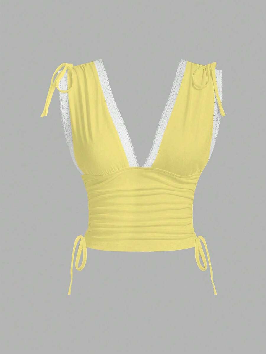 Sweetra Women's Summer Solid Color Ruched Shoulder Strap Casual Tank Top Y2K Outfit 