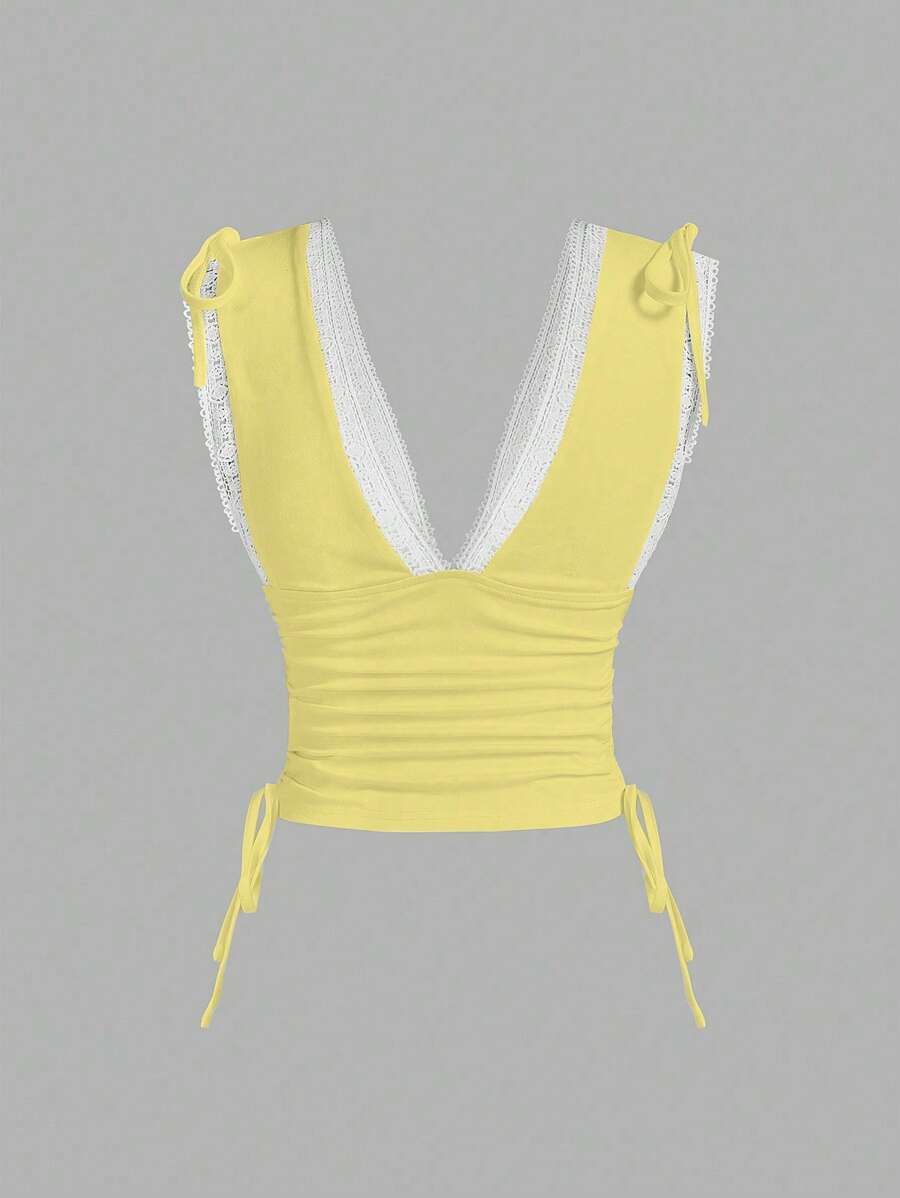 Sweetra Women's Summer Solid Color Ruched Shoulder Strap Casual Tank Top Y2K Outfit 