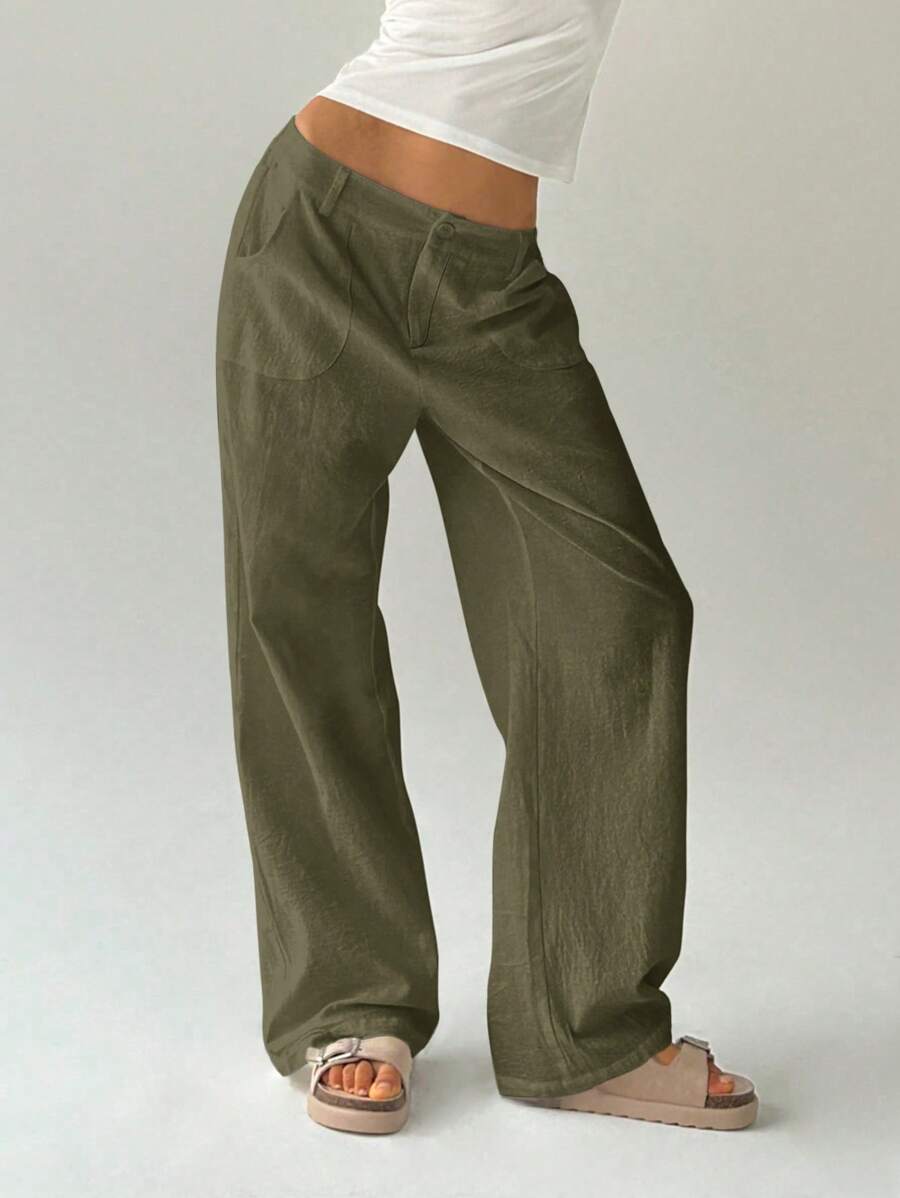 Easelle Women Plain Simple Low Waist Straight Leg Pants,Ladies Spring/Fall Casual Pocket,Zipper Ultra Low Waist Straight Leg Long Black Cotton Loose Women Pants,Casual Daily Wear
