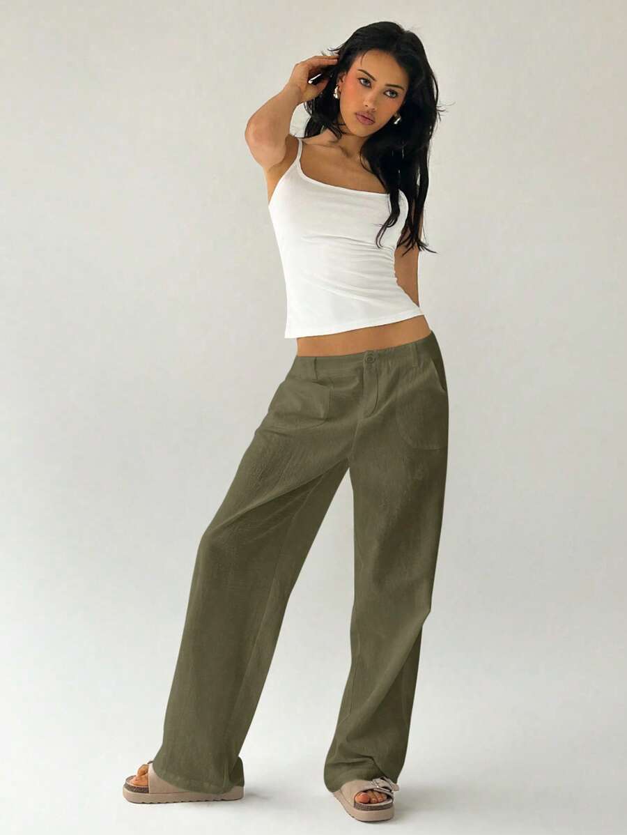 Easelle Women Plain Simple Low Waist Straight Leg Pants,Ladies Spring/Fall Casual Pocket,Zipper Ultra Low Waist Straight Leg Long Black Cotton Loose Women Pants,Casual Daily Wear
