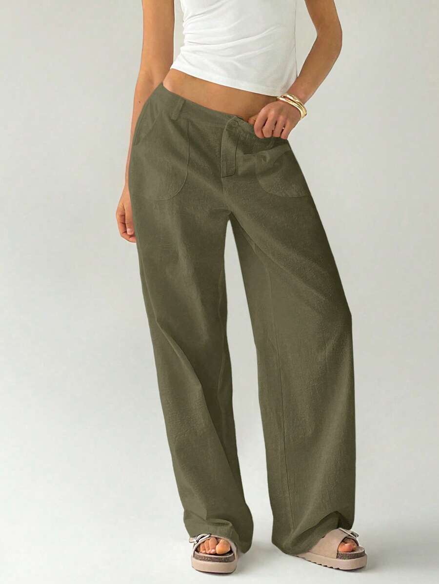 Easelle Women Plain Simple Low Waist Straight Leg Pants,Ladies Spring/Fall Casual Pocket,Zipper Ultra Low Waist Straight Leg Long Black Cotton Loose Women Pants,Casual Daily Wear