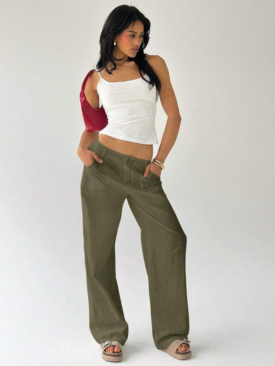 Easelle Women Plain Simple Low Waist Straight Leg Pants,Ladies Spring/Fall Casual Pocket,Zipper Ultra Low Waist Straight Leg Long Black Cotton Loose Women Pants,Casual Daily Wear