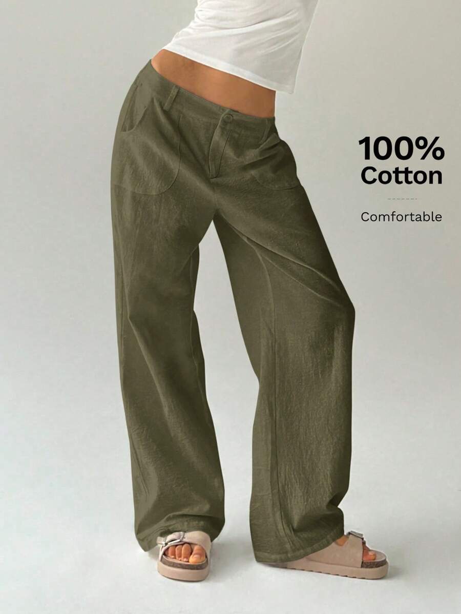 Easelle Women Plain Simple Low Waist Straight Leg Pants,Ladies Spring/Fall Casual Pocket,Zipper Ultra Low Waist Straight Leg Long Black Cotton Loose Women Pants,Casual Daily Wear