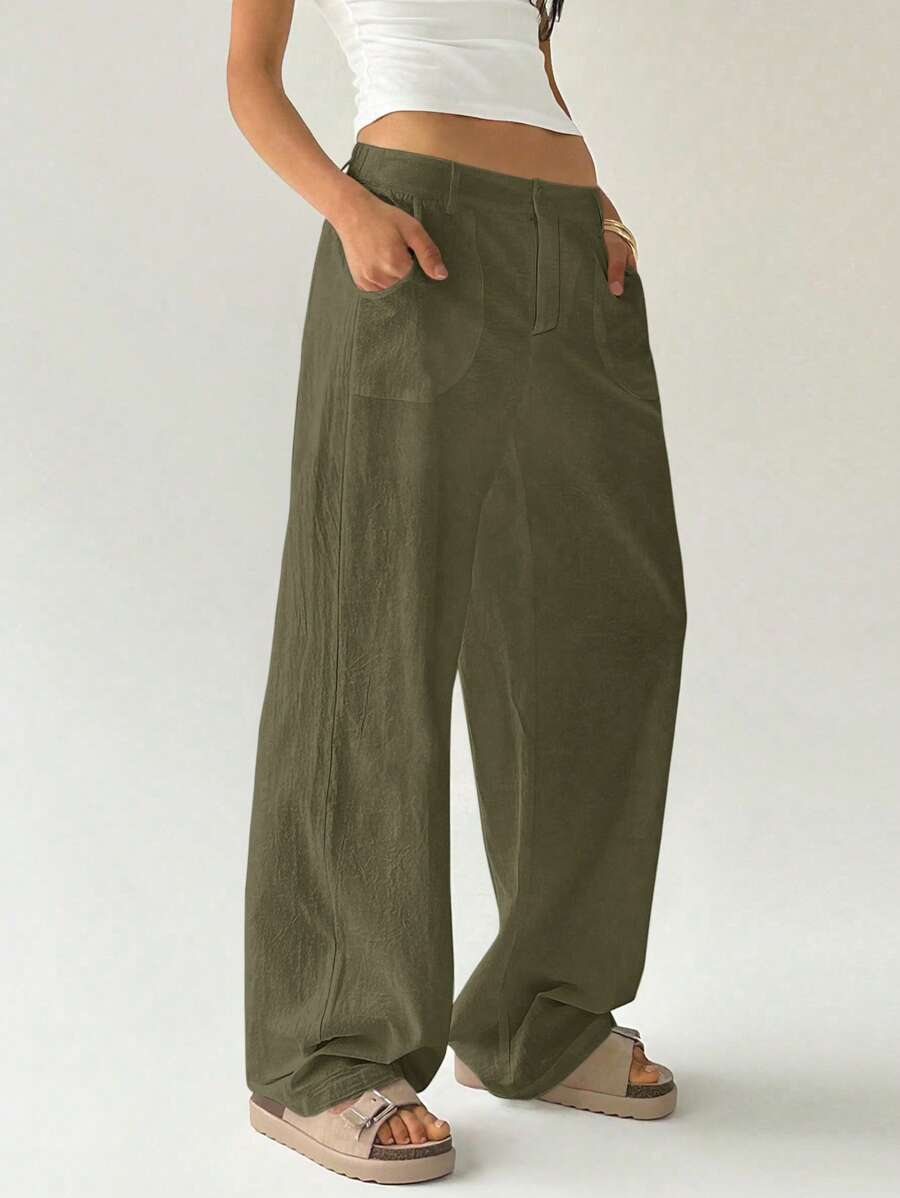 Easelle Women Plain Simple Low Waist Straight Leg Pants,Ladies Spring/Fall Casual Pocket,Zipper Ultra Low Waist Straight Leg Long Black Cotton Loose Women Pants,Casual Daily Wear