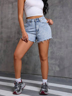 Women's Summer Casual Washed Denim Shorts, Frayed Hem, Pockets, Non-Stretch Woven Fabric, Straight Leg Short Design
