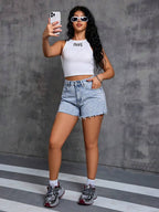 Women's Summer Casual Washed Denim Shorts, Frayed Hem, Pockets, Non-Stretch Woven Fabric, Straight Leg Short Design