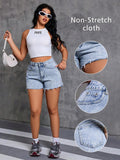 Women's Summer Casual Washed Denim Shorts, Frayed Hem, Pockets, Non-Stretch Woven Fabric, Straight Leg Short Design