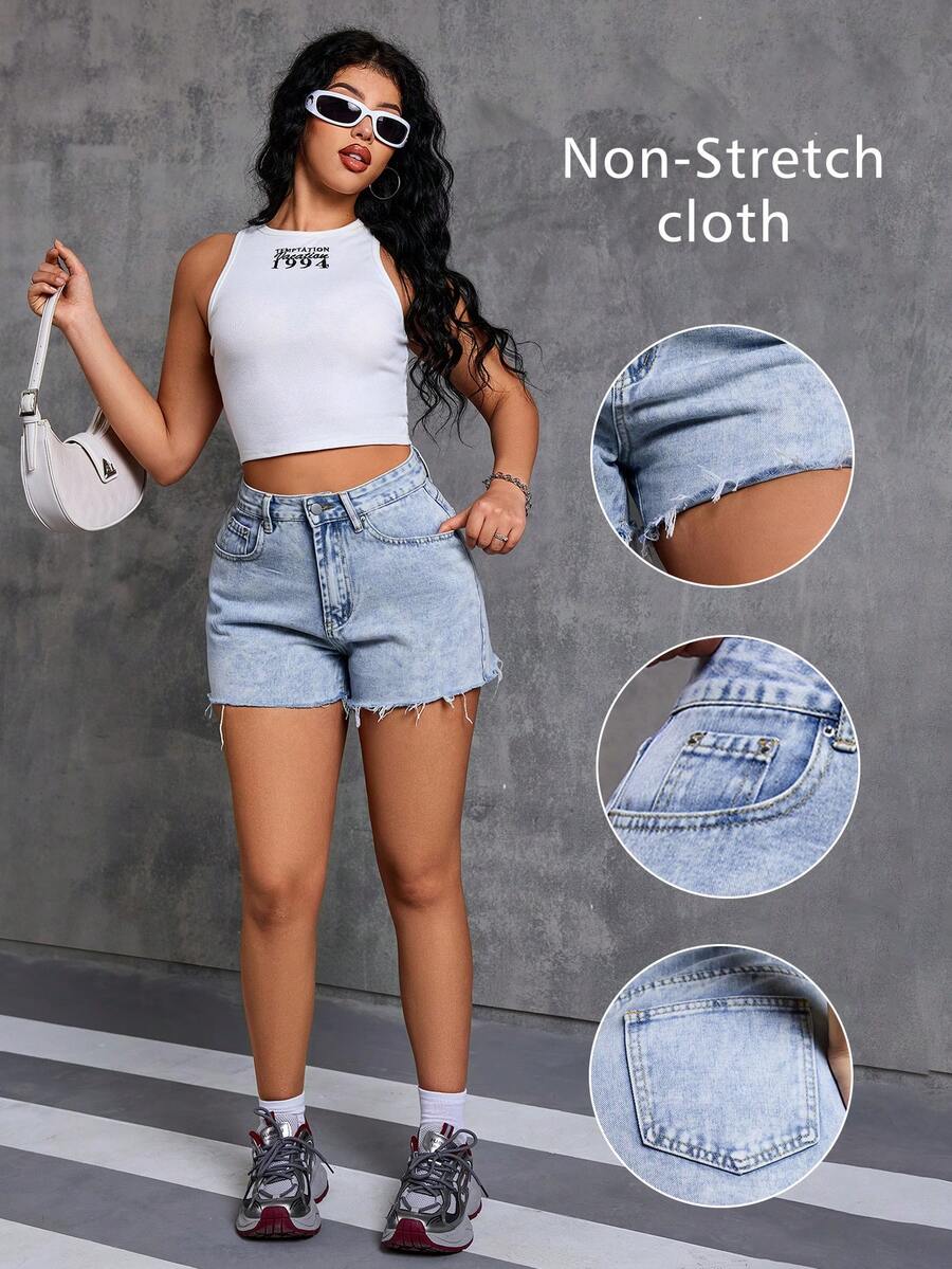 Women's Summer Casual Washed Denim Shorts, Frayed Hem, Pockets, Non-Stretch Woven Fabric, Straight Leg Short Design