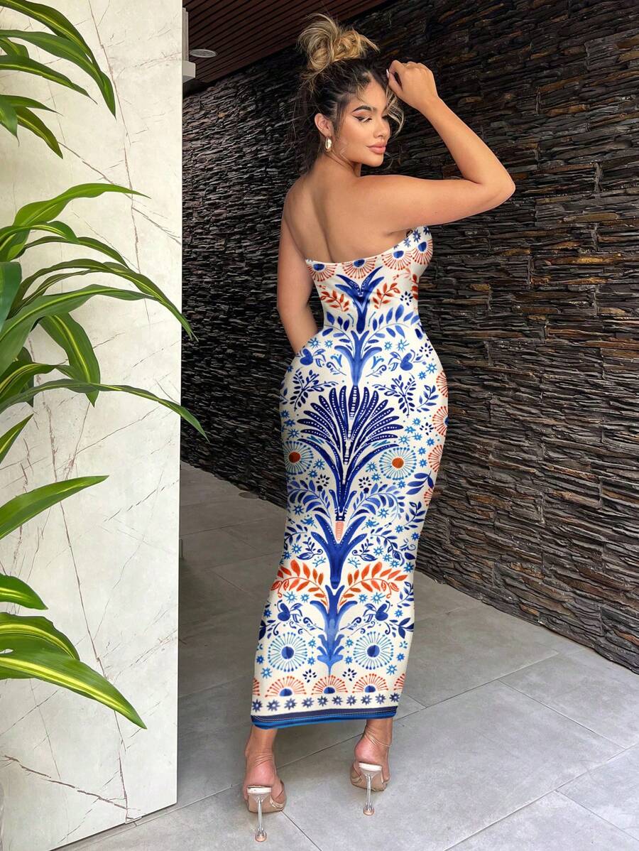 SHEIN SXY Bohemian Floral Print Maxi Beach Casual Dress For Women,Summer Dresses For Women,Sundresses For Women,Vacation,Beach,Dresses For Women Summer Tube Dress Floral Midi Dress Summer Midi Dress,Boho Clothes Women Chic Dress