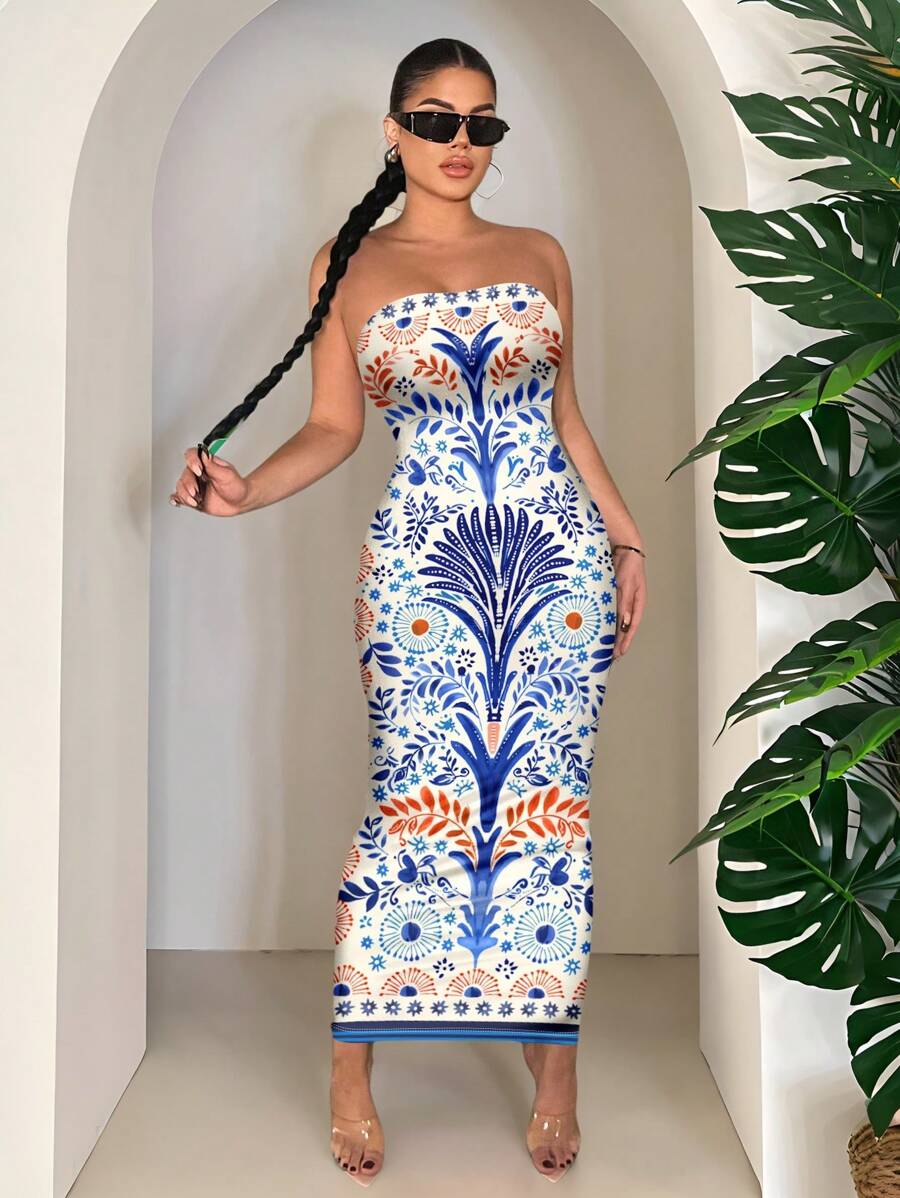 SHEIN SXY Bohemian Floral Print Maxi Beach Casual Dress For Women,Summer Dresses For Women,Sundresses For Women,Vacation,Beach,Dresses For Women Summer Tube Dress Floral Midi Dress Summer Midi Dress,Boho Clothes Women Chic Dress