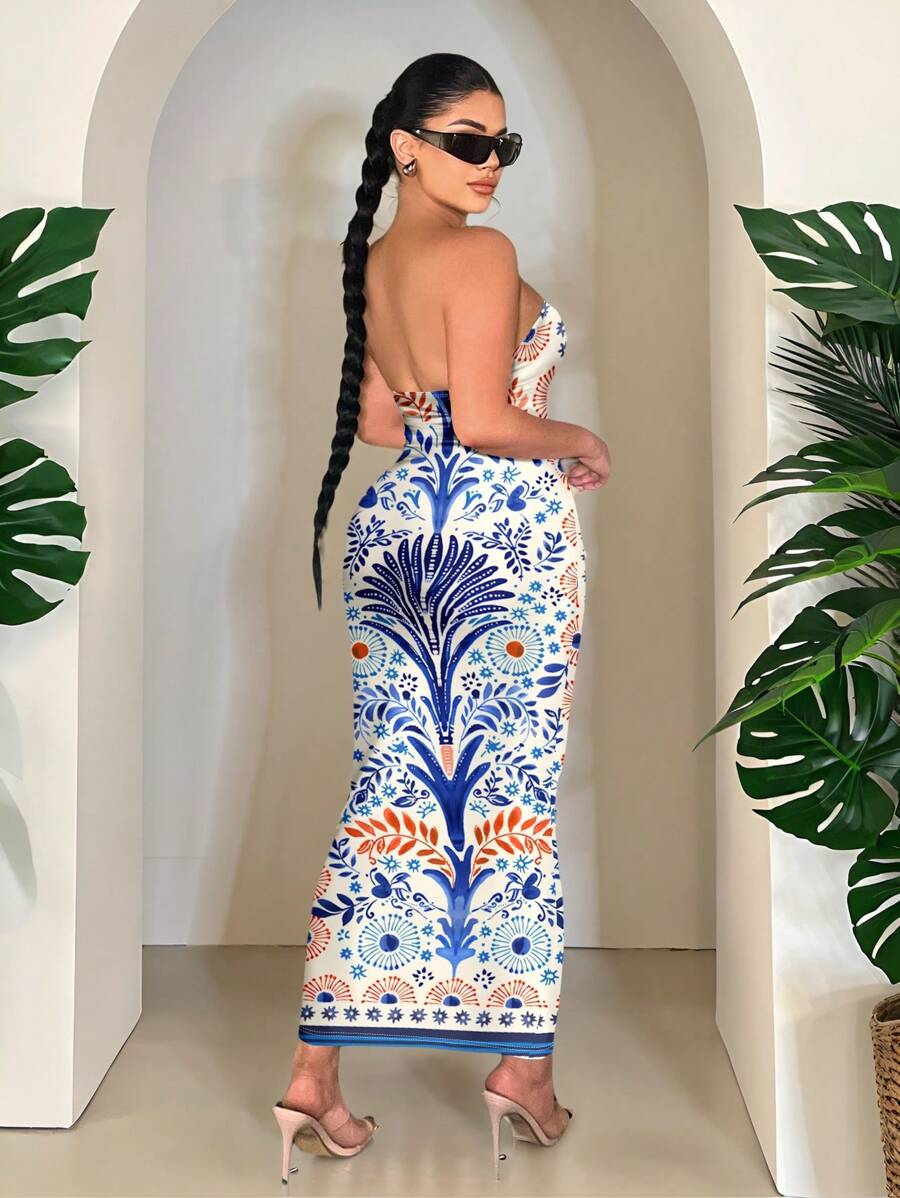 SHEIN SXY Bohemian Floral Print Maxi Beach Casual Dress For Women,Summer Dresses For Women,Sundresses For Women,Vacation,Beach,Dresses For Women Summer Tube Dress Floral Midi Dress Summer Midi Dress,Boho Clothes Women Chic Dress