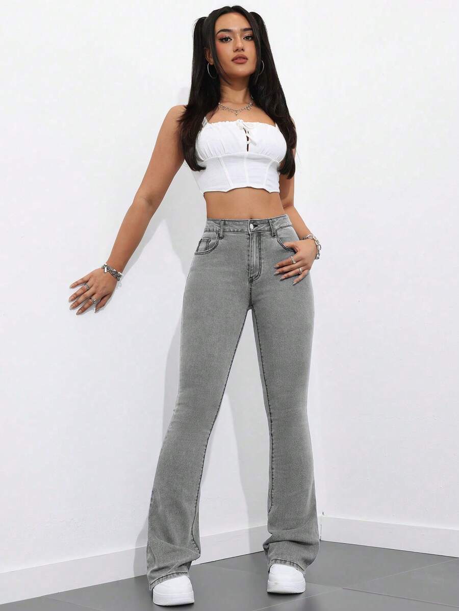 Flexra Women Flared Pocket Casual All-Match Denim Flared Jeans Y2k Bootcut Jeans