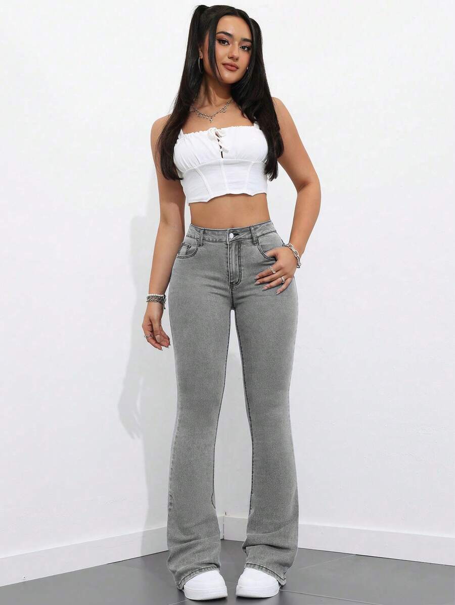 Flexra Women Flared Pocket Casual All-Match Denim Flared Jeans Y2k Bootcut Jeans