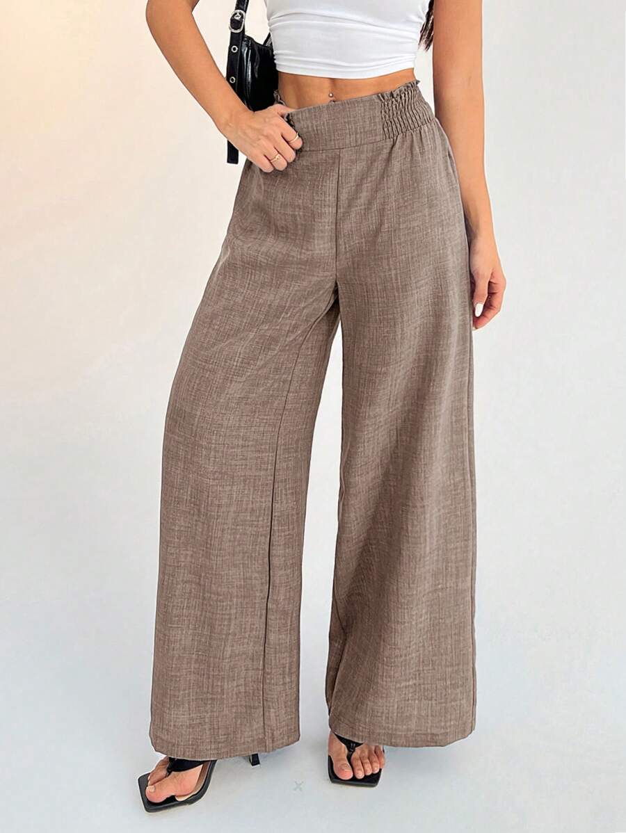 SHEIN PETITE Women's Casual Vacation Waistband Blue Wide Leg Pants Work Pants