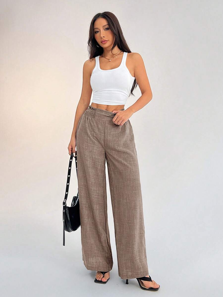 SHEIN PETITE Women's Casual Vacation Waistband Blue Wide Leg Pants Work Pants