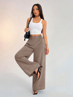 SHEIN PETITE Women's Casual Vacation Waistband Blue Wide Leg Pants Work Pants