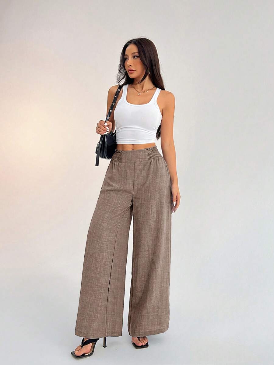 SHEIN PETITE Women's Casual Vacation Waistband Blue Wide Leg Pants Work Pants