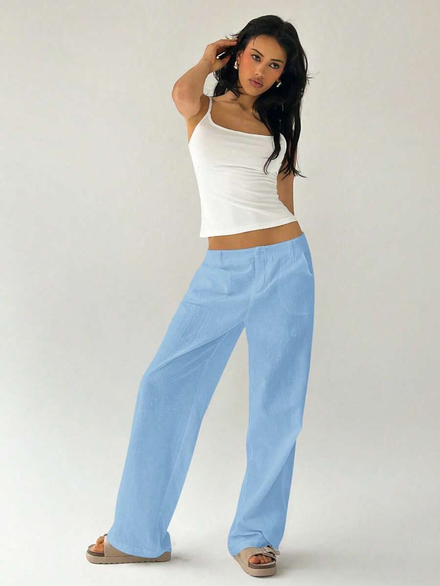 Easelle Women Plain Simple Low Waist Straight Leg Pants,Ladies Spring/Fall Casual Pocket,Zipper Ultra Low Waist Straight Leg Long Black Cotton Loose Women Pants,Casual Daily Wear