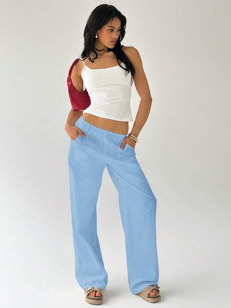 Easelle Women Plain Simple Low Waist Straight Leg Pants,Ladies Spring/Fall Casual Pocket,Zipper Ultra Low Waist Straight Leg Long Black Cotton Loose Women Pants,Casual Daily Wear