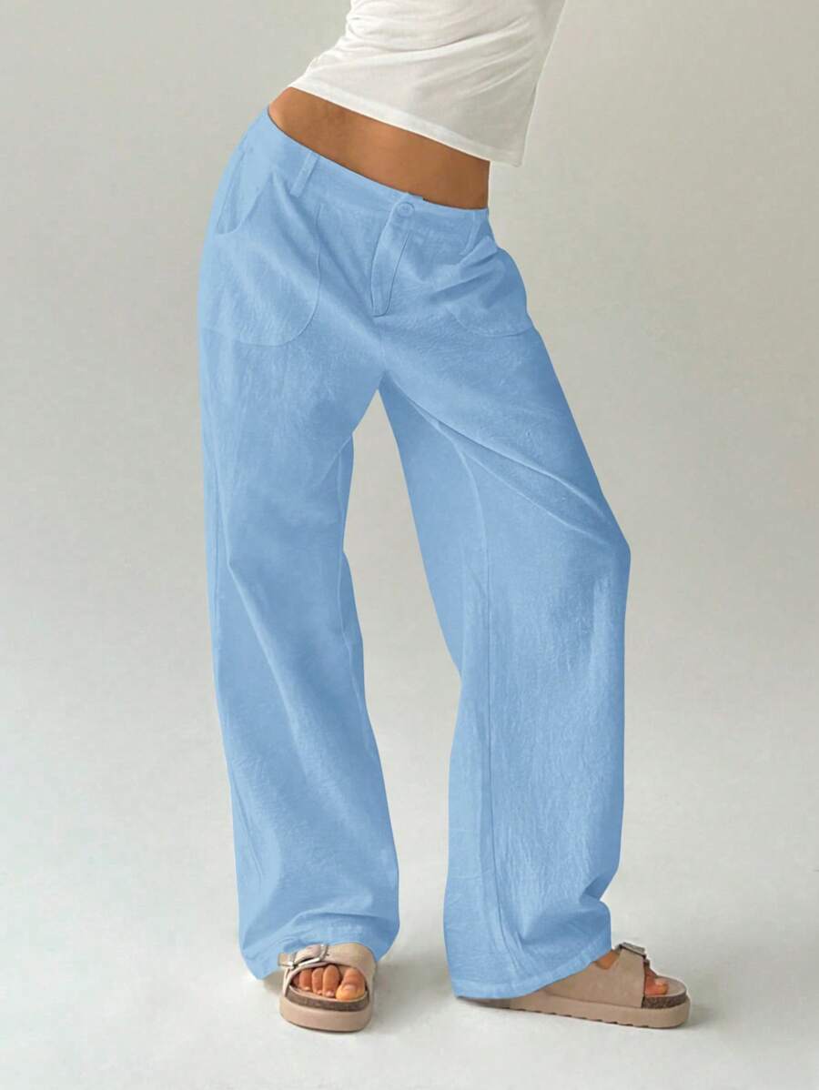 Easelle Women Plain Simple Low Waist Straight Leg Pants,Ladies Spring/Fall Casual Pocket,Zipper Ultra Low Waist Straight Leg Long Black Cotton Loose Women Pants,Casual Daily Wear