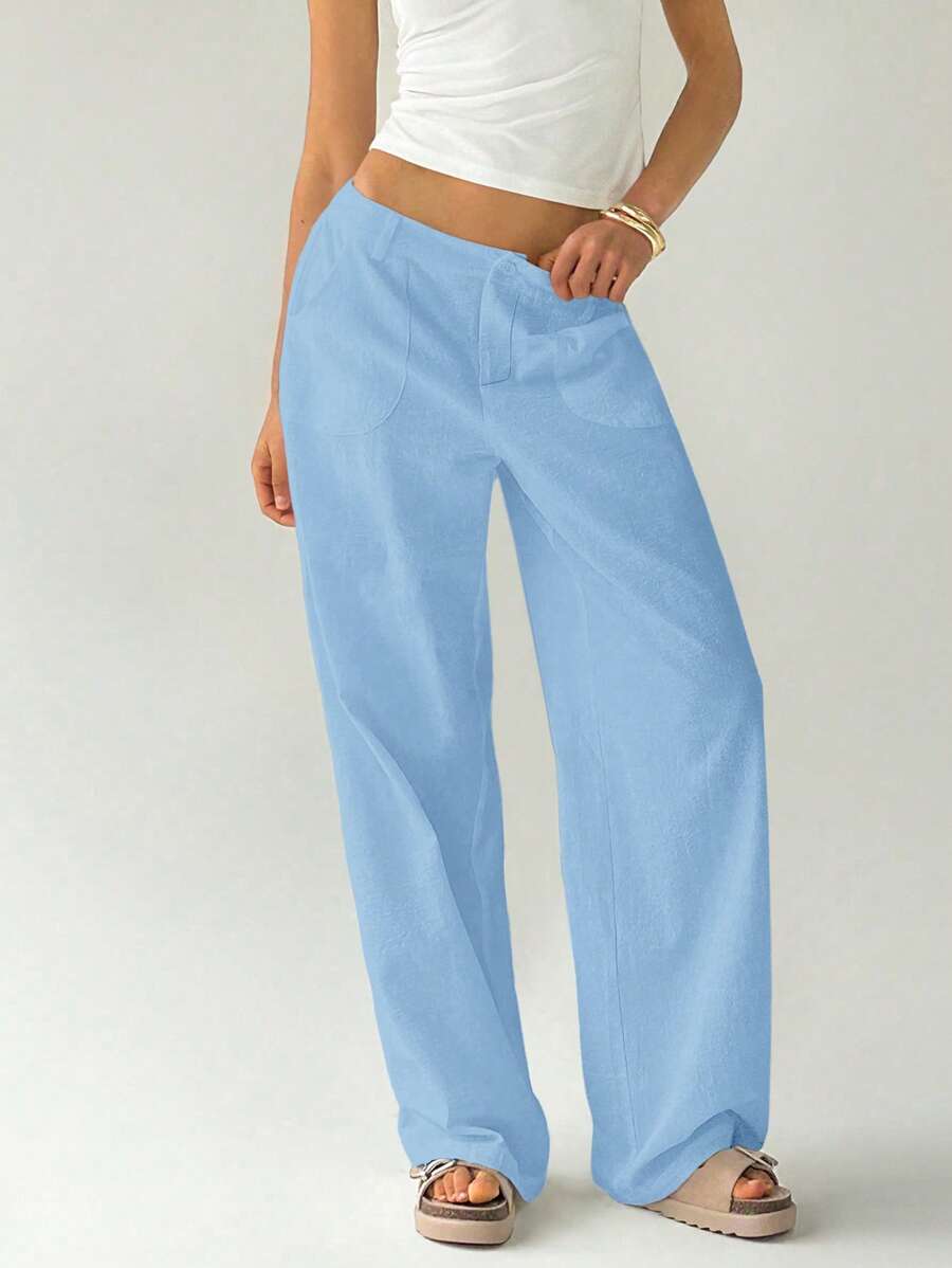 Easelle Women Plain Simple Low Waist Straight Leg Pants,Ladies Spring/Fall Casual Pocket,Zipper Ultra Low Waist Straight Leg Long Black Cotton Loose Women Pants,Casual Daily Wear