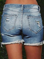 Women's Summer Fashionable Cutting-Edge Distressed Frayed Edge Stretch Denim Shorts
