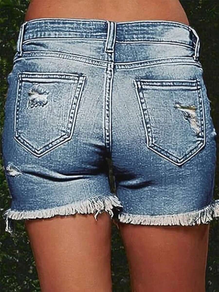 Women's Summer Fashionable Cutting-Edge Distressed Frayed Edge Stretch Denim Shorts