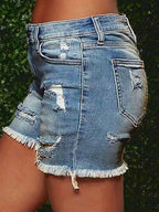 Women's Summer Fashionable Cutting-Edge Distressed Frayed Edge Stretch Denim Shorts