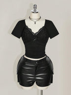 SHEIN ICON Plus Size V-Neck Lace Patchwork Waist Ruched Fitted Knit Top, Sexy T-Shirt For Spring/Summer, Wedding Guest Top