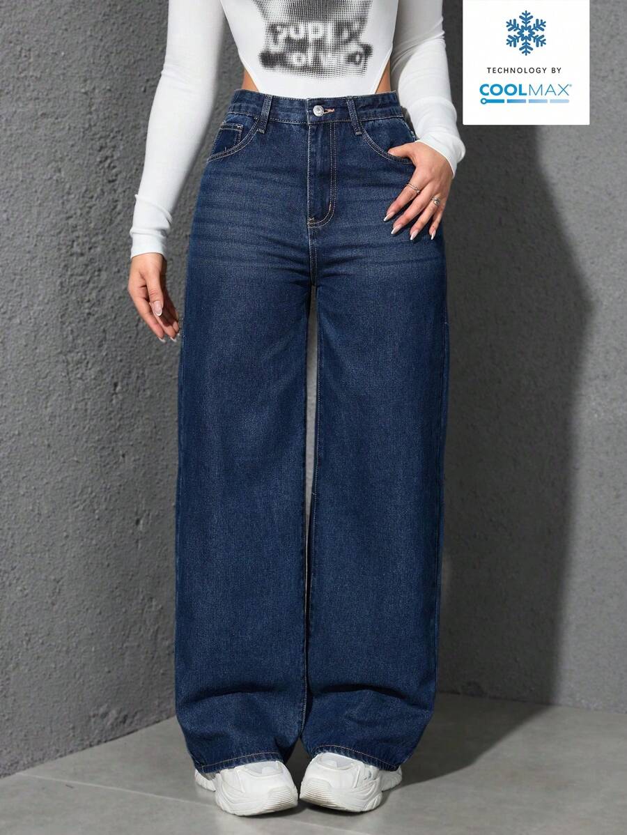 SHEIN ICON Casual Relaxed-Fit High-Waist Straight Leg Denim Jeans