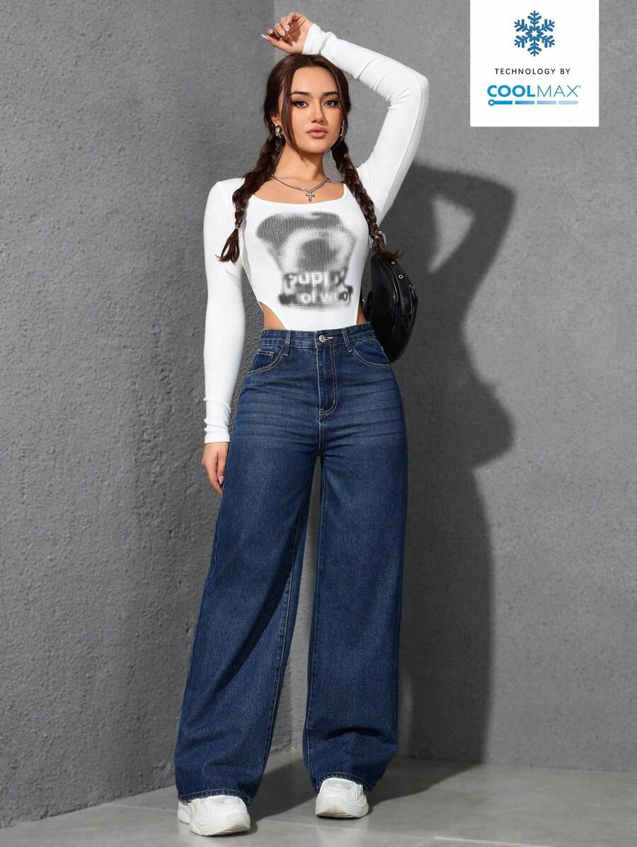 SHEIN ICON Casual Relaxed-Fit High-Waist Straight Leg Denim Jeans
