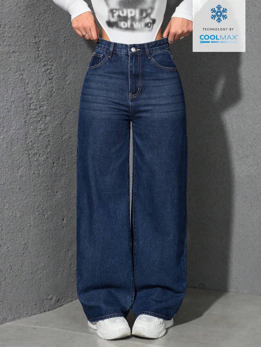 SHEIN ICON Casual Relaxed-Fit High-Waist Straight Leg Denim Jeans