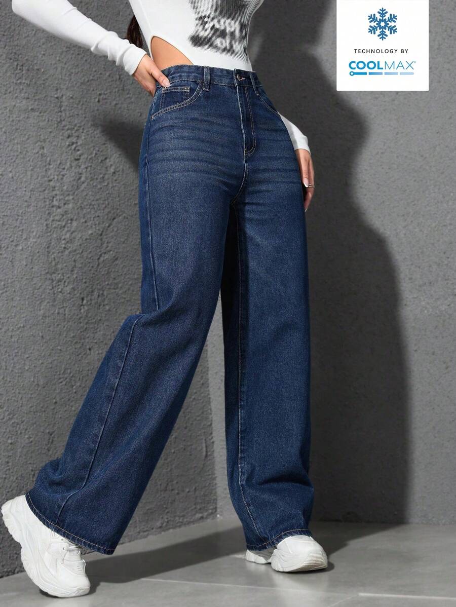SHEIN ICON Casual Relaxed-Fit High-Waist Straight Leg Denim Jeans