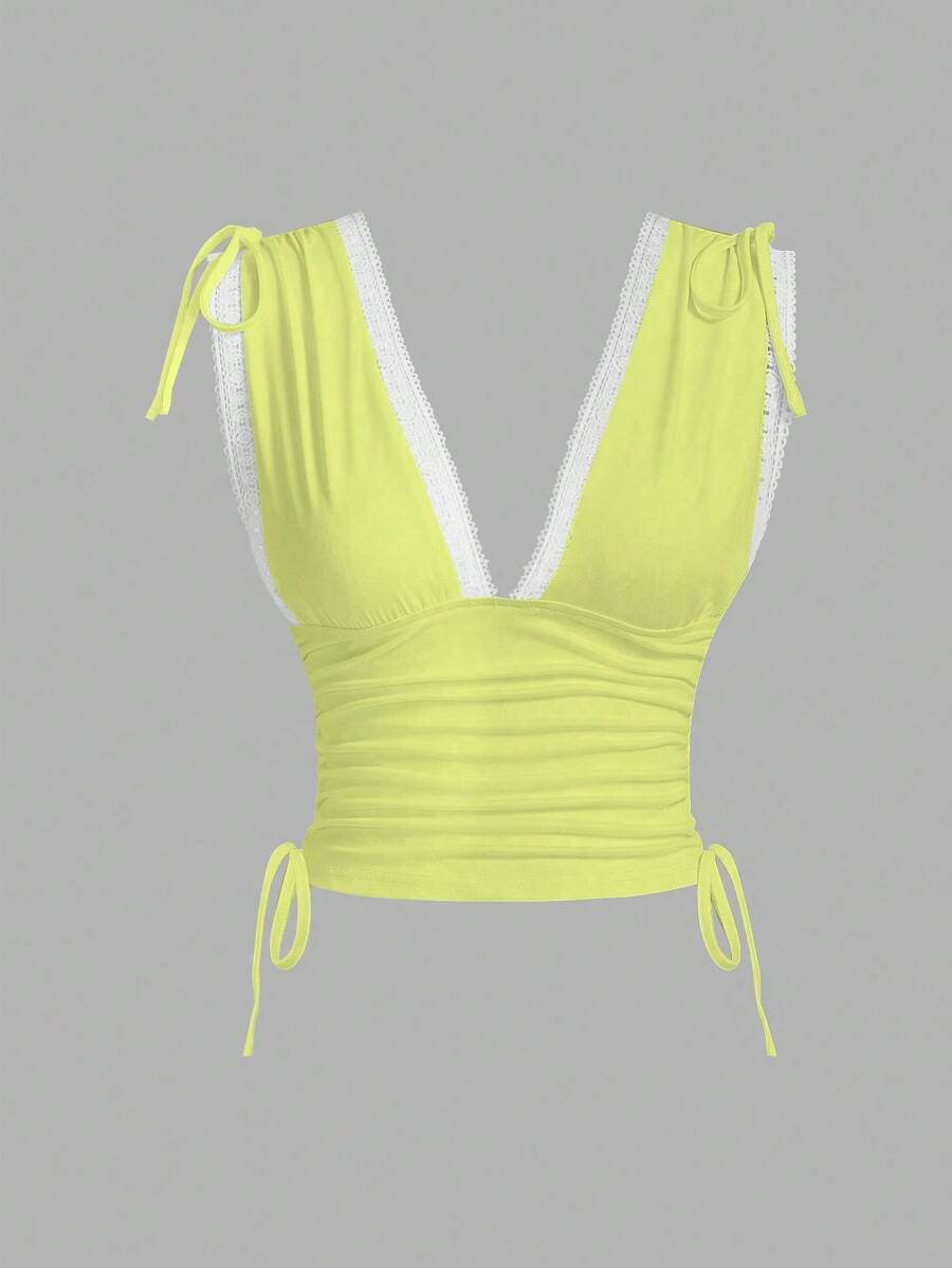 Sweetra Women's Summer Solid Color Ruched Shoulder Strap Casual Tank Top Y2K Outfit 