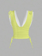 Sweetra Women's Summer Solid Color Ruched Shoulder Strap Casual Tank Top Y2K Outfit 