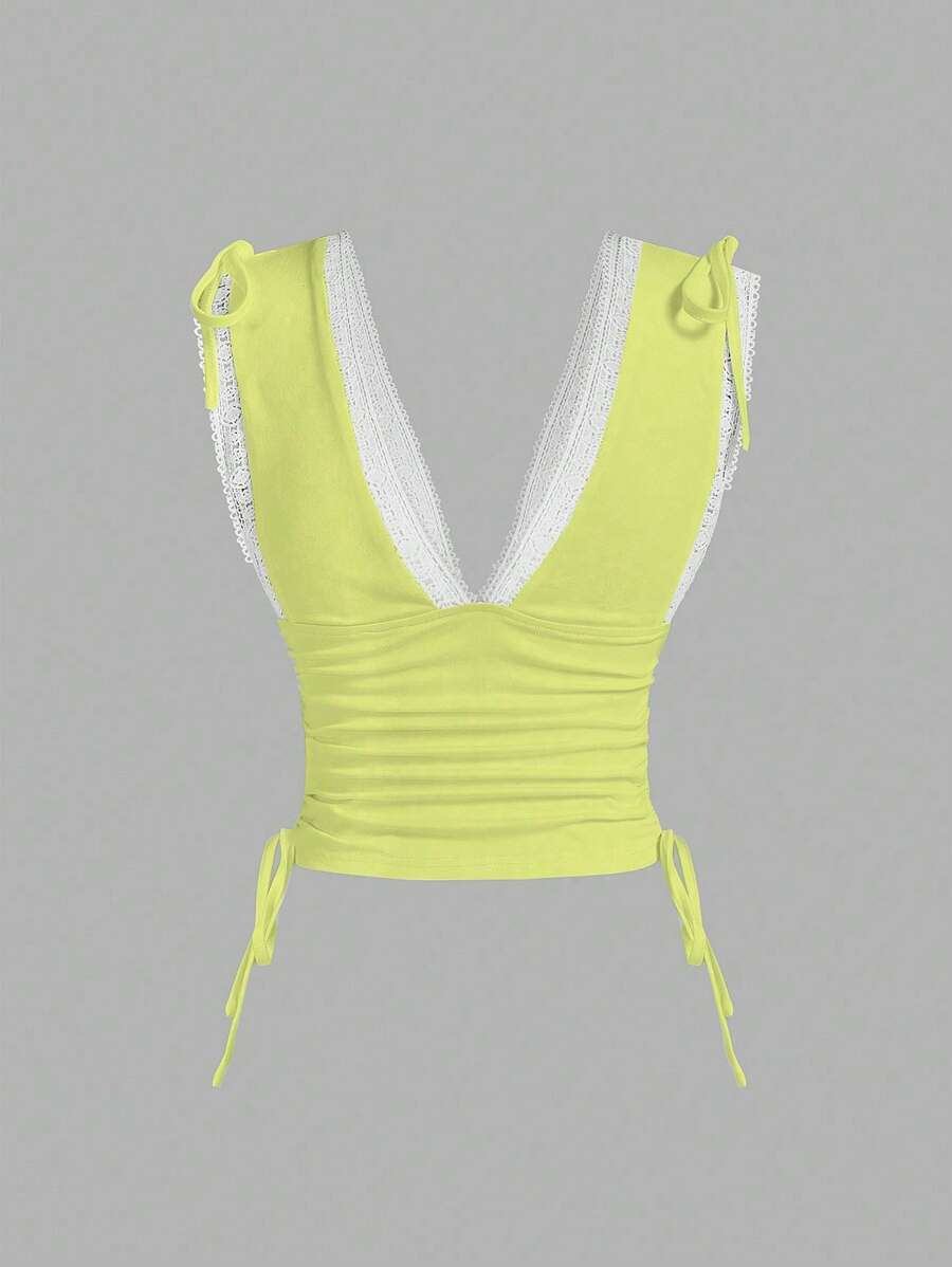 Sweetra Women's Summer Solid Color Ruched Shoulder Strap Casual Tank Top Y2K Outfit 