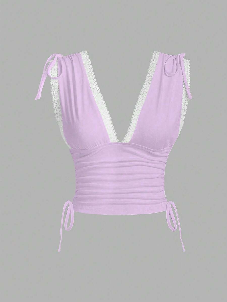 Sweetra Women's Summer Solid Color Ruched Shoulder Strap Casual Tank Top Y2K Outfit 